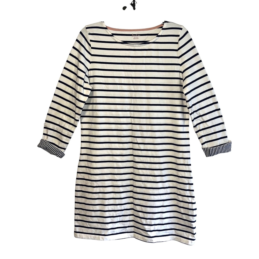 Boden Women Navy White Striped Cotton T-Shirt Dress Tall 3/4 Sleeve US 10L WO015